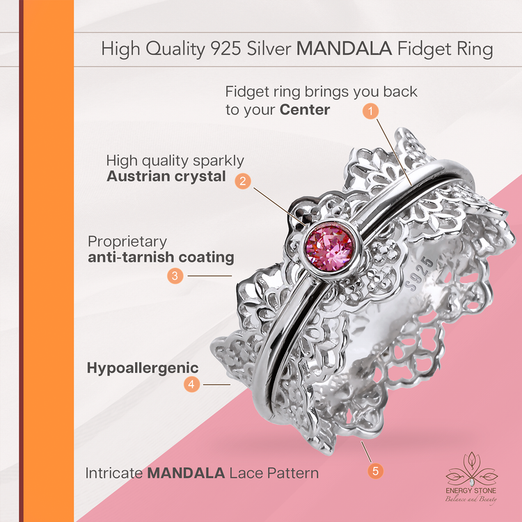 Mandala lace sterling silver spinner ring, view 4
