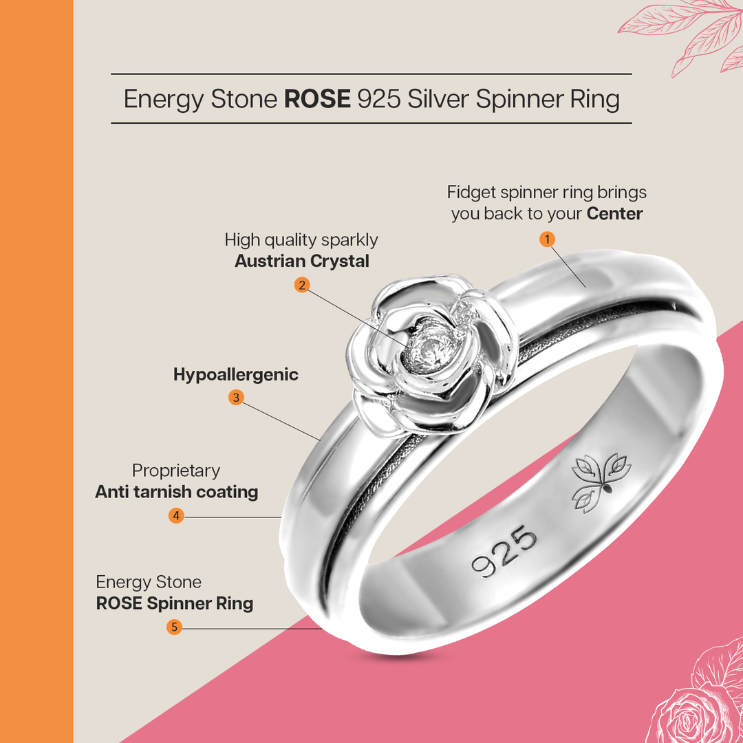 Rose Clear Crystal 925 Sterling Silver Meditation Spinner Ring (Style  US91-CLR)