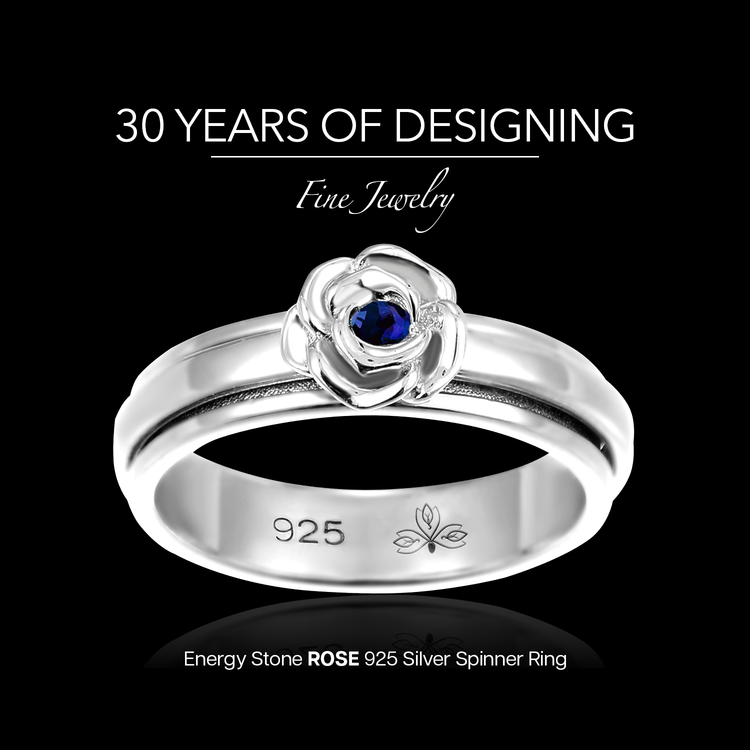 Rose sapphire blue sterling silver spinner ring, view 3