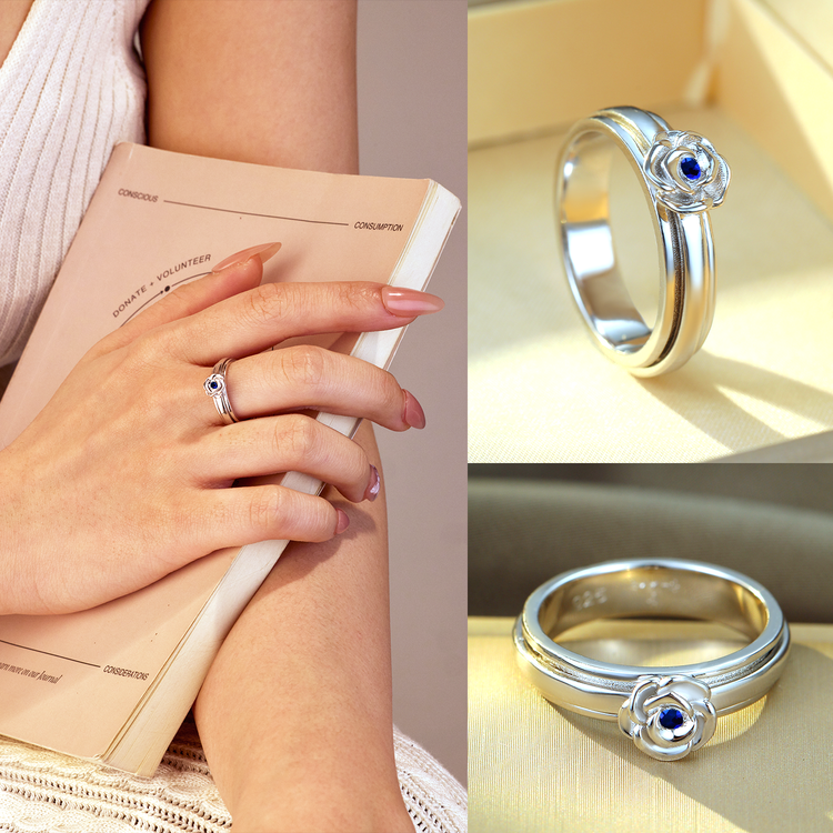 Rose sapphire blue sterling silver spinner ring, view 5