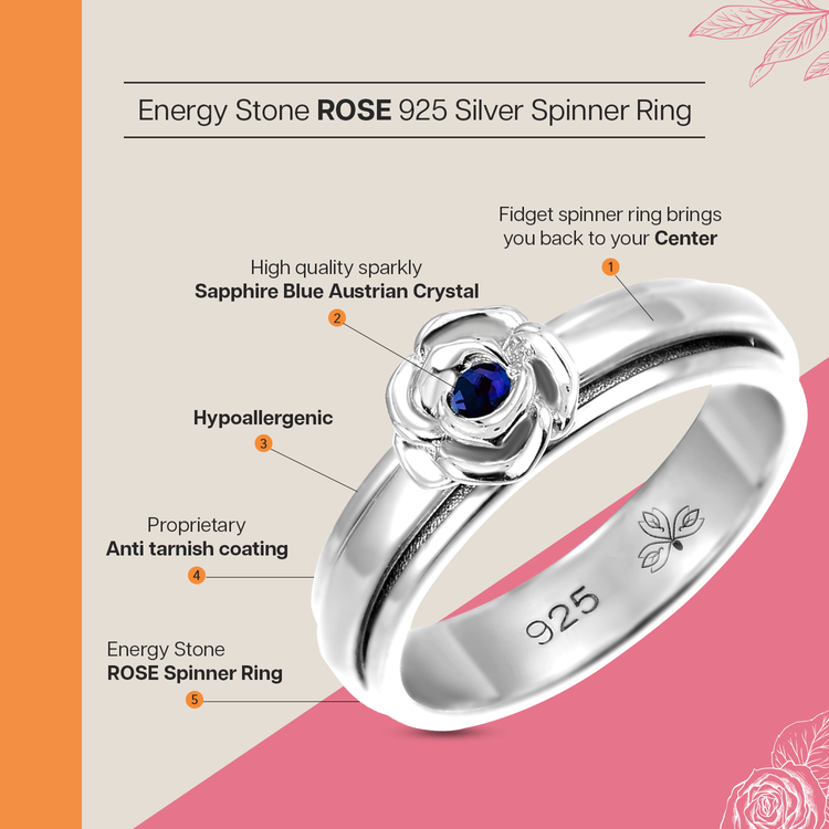 Rose sapphire blue sterling silver spinner ring, also known as a fidget ring
