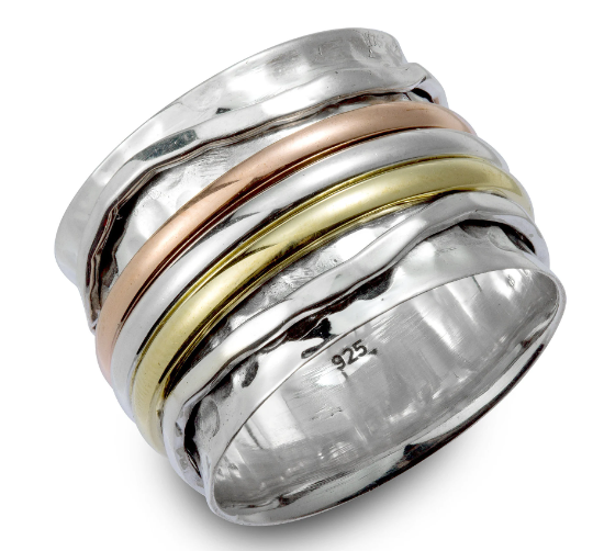 Energy Stone "ELEGANCE" Meditation Spinning Ring with Tri Color Spinners on Hammered Pattern Sterling Silver Base Ring