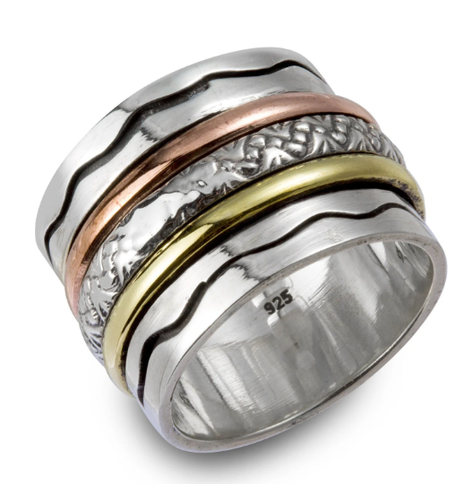 Energy Stone “RADIANCE” Meditation Spinning Ring Wave Sterling Silver Patterned Shank with 1 Brass 1 Copper Spinners