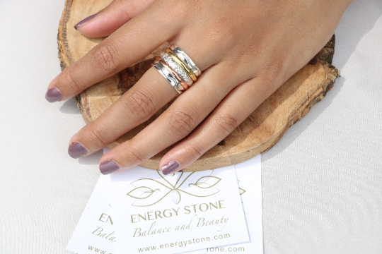 Energy Stone “RADIANCE” Meditation Spinning Ring Wave Sterling Silver Patterned Shank with 1 Brass 1 Copper Spinners