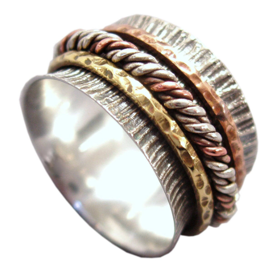 Energy Stone "TRAVELER" Tri-Color Meditation Spinning Ring Sterling Silver Base Ring with Brass and Copper Cable Spinners