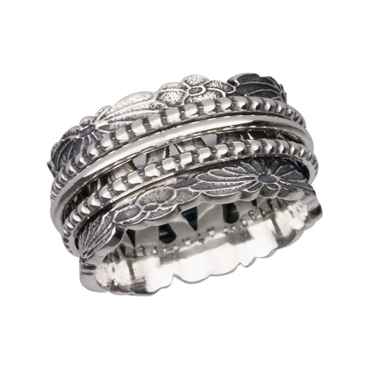 Chrysanthemum sterling silver spinner ring by Energy Stone