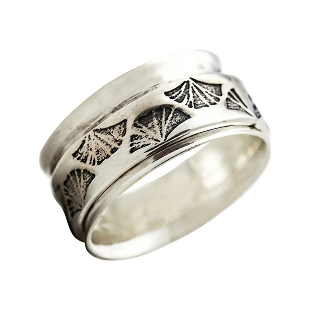 Ginkgo sterling silver spinner ring by Energy Stone