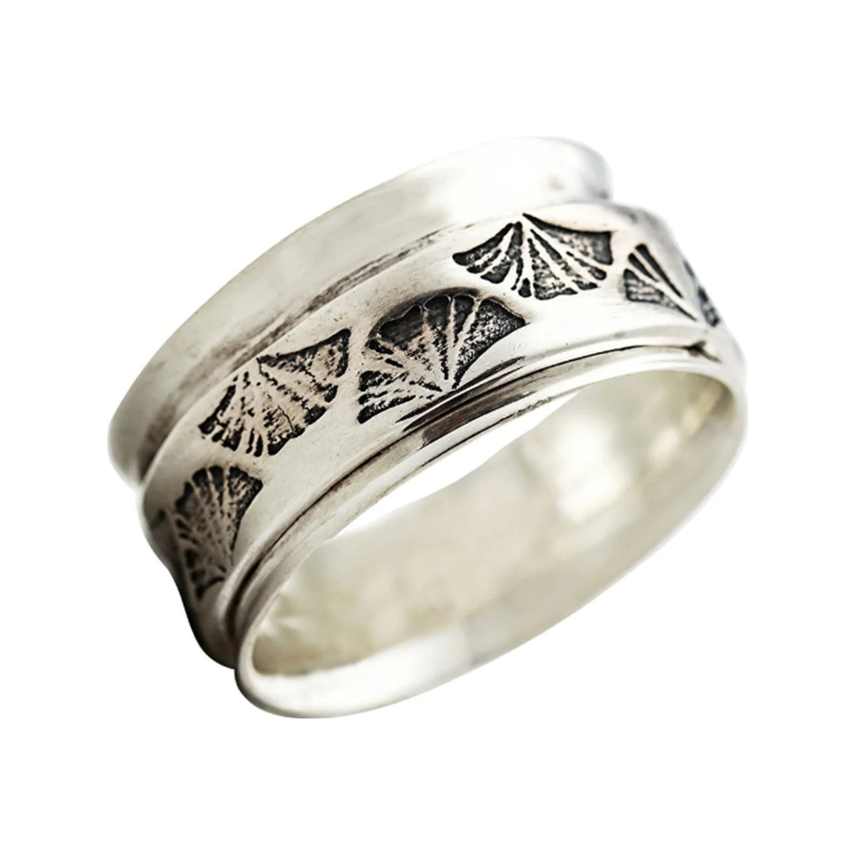 Ginkgo sterling silver spinner ring by Energy Stone