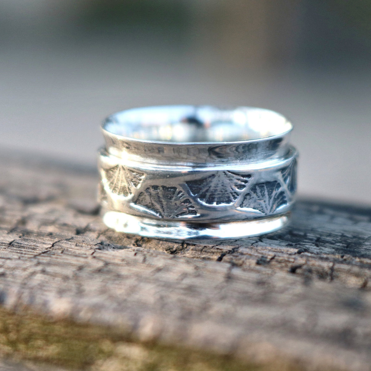 Ginkgo sterling silver spinner ring by Energy Stone