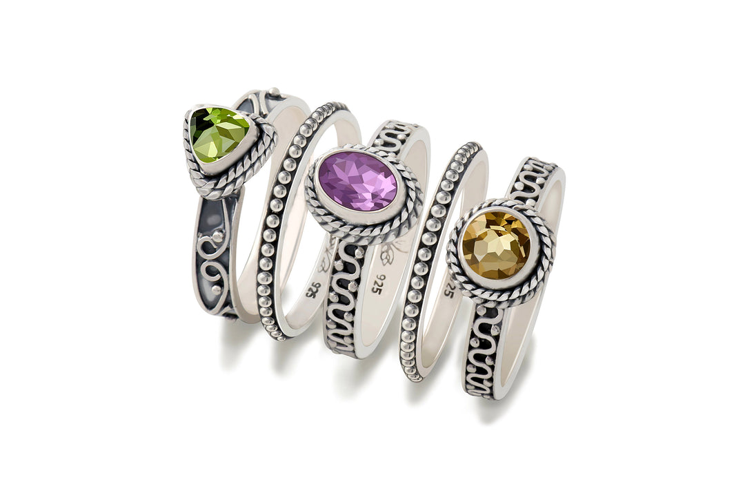 Energy Stone MORE IS MORE Five Sterling Silver Stacking Ring Set in Amethyst Citrine and Peridot (Style# JP05)