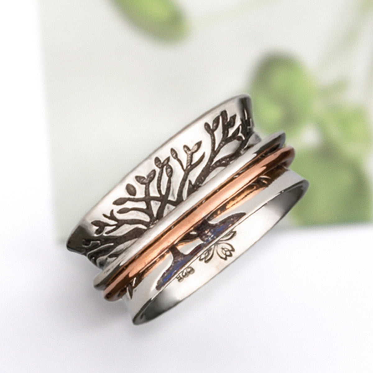 Double Tree sterling silver spinner ring by Energy Stone