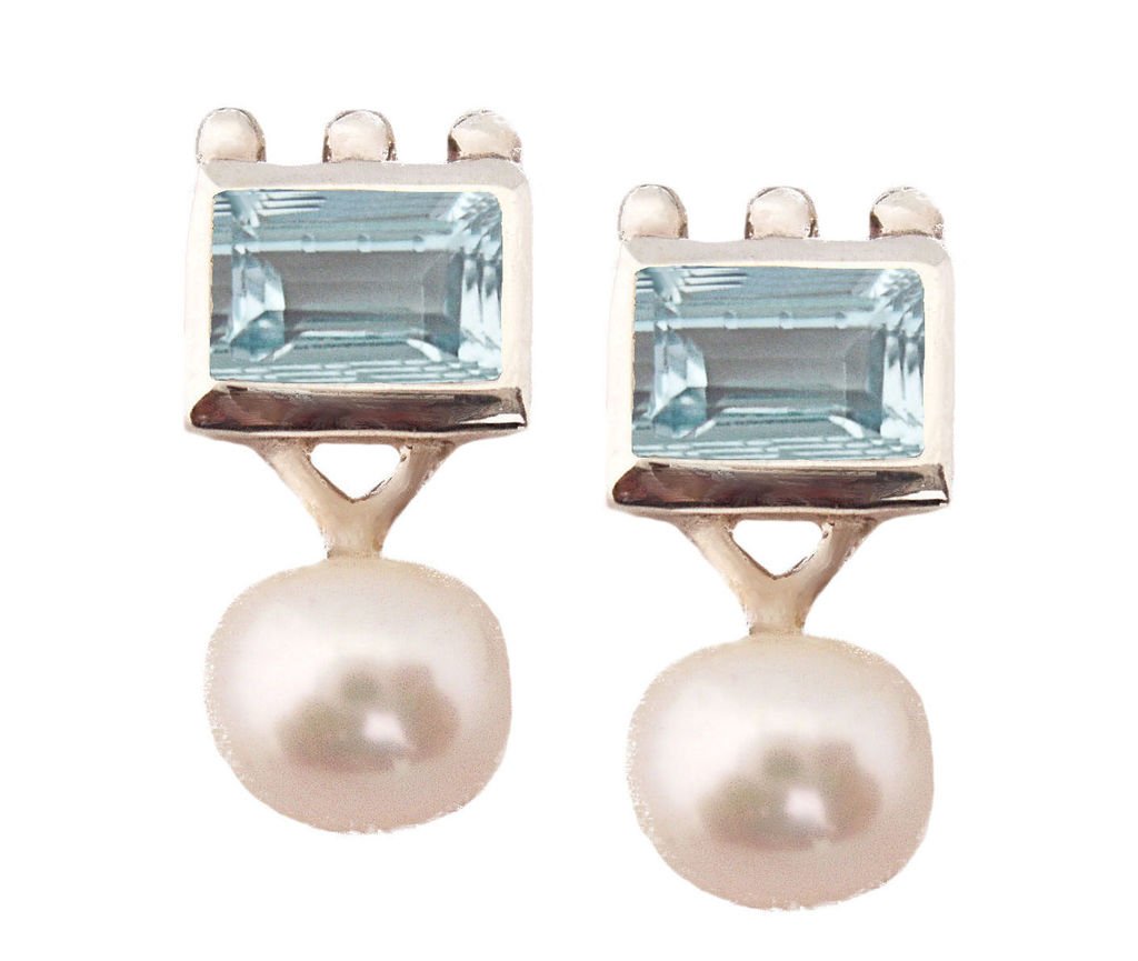 6x8mm Genuine Gemstone & 5x8mm Button Fresh Water Pearl Sterling Silver Earring Design by Viola So