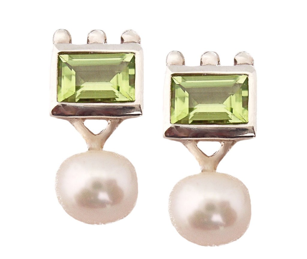 6x8mm Genuine Gemstone & 5x8mm Button Fresh Water Pearl Sterling Silver Earring Design by Viola So