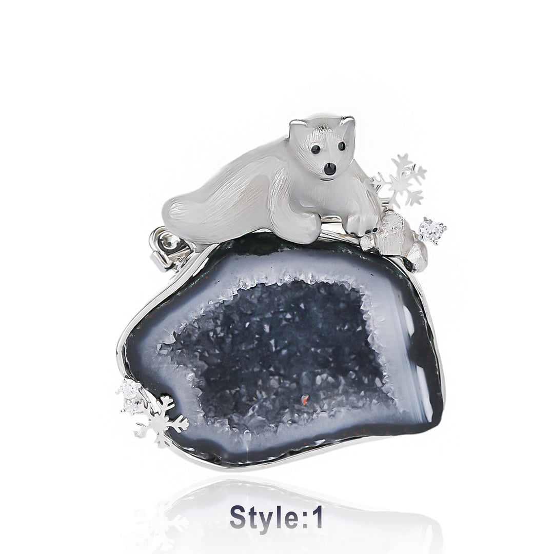 Energy Stone Sterling Silver POLAR BEAR on Drusy Agate Pendant/Brooch MOP02